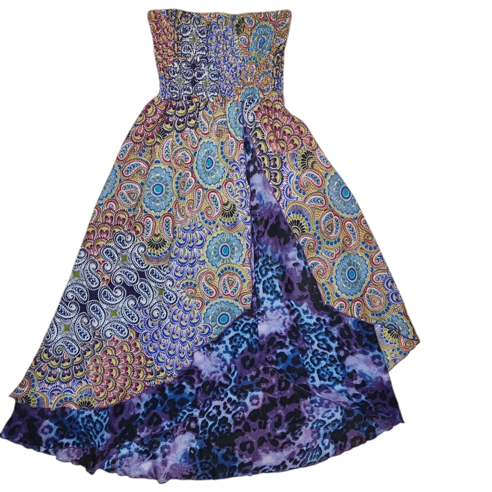 Sunny Leigh Y2K Boho Strapless Asymmetrical Handkerchief Hem Dress